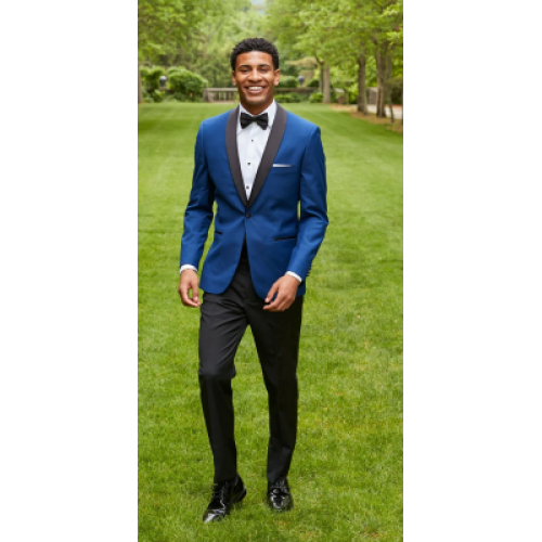 Couture 1910 Stretch 1-Button Cobalt with Black Shawl Lapel Coat and Contrasting Black Pants